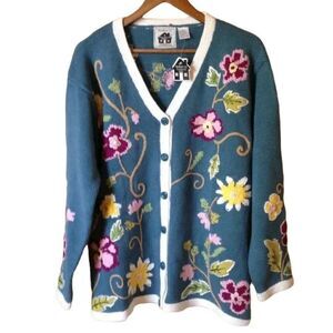 New Storybook Knits Blue Floral Button-Front Cardigan Sweater Large NWT…